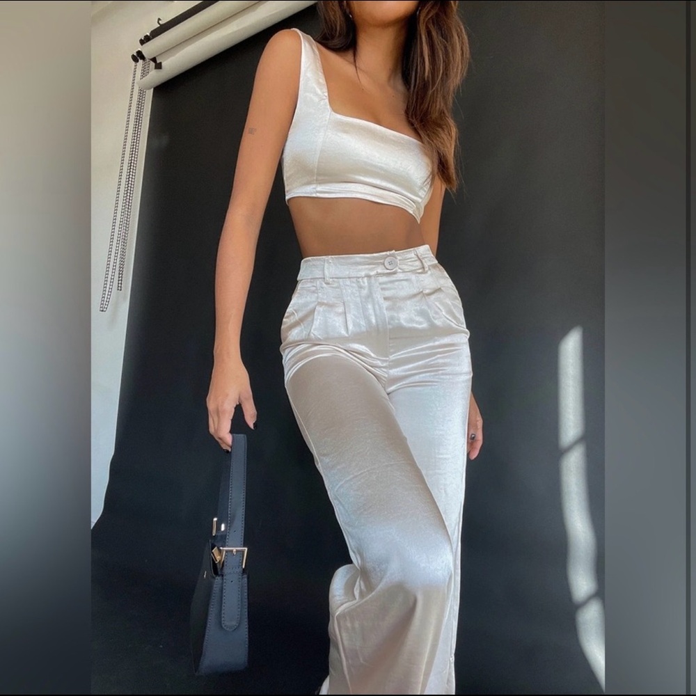 Princess Polly White Satin Crop Top & High-Waist Pants Set
